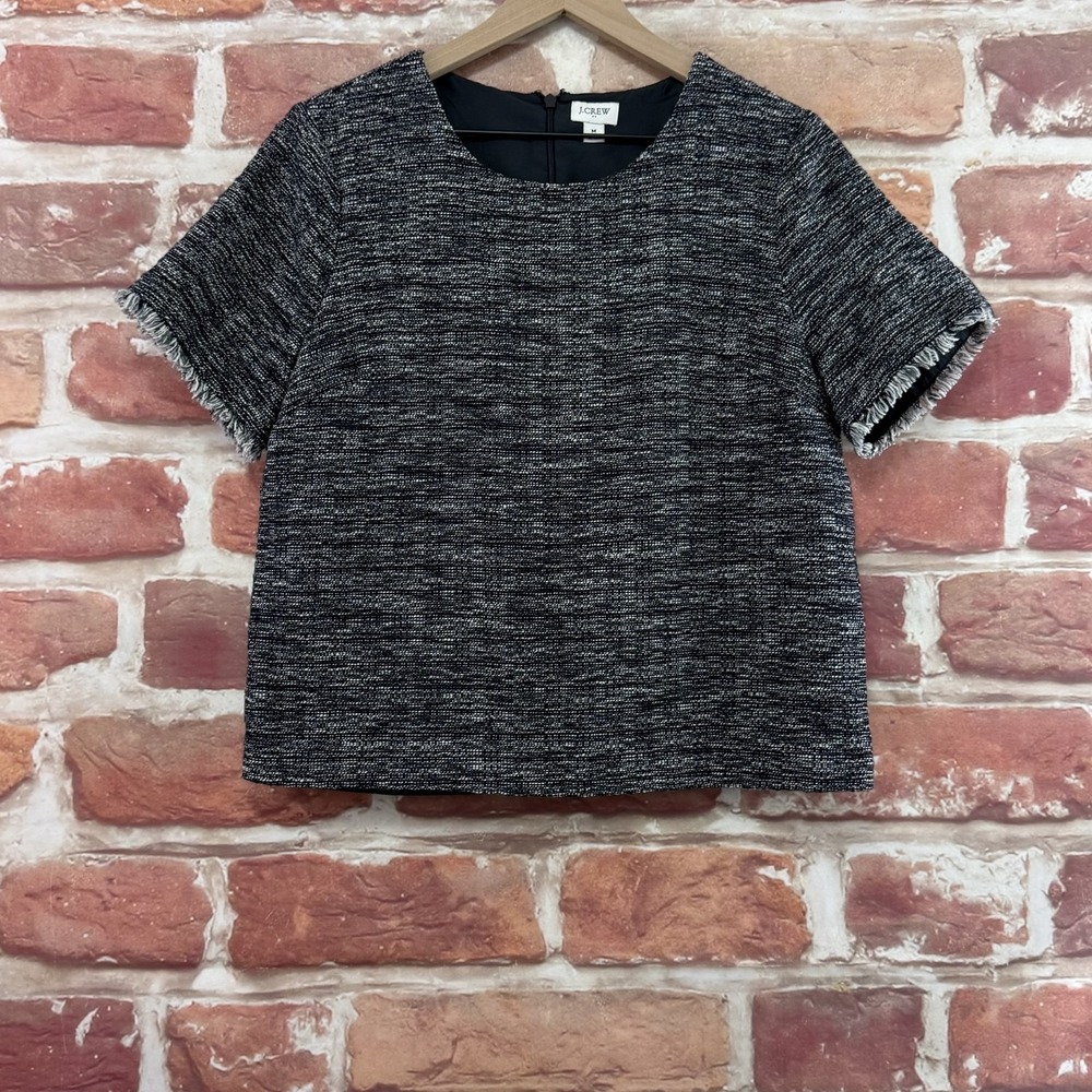 J Crew Top Women's Medium Black Soft Tweed Fringe Sleeve Casual Career Shirt